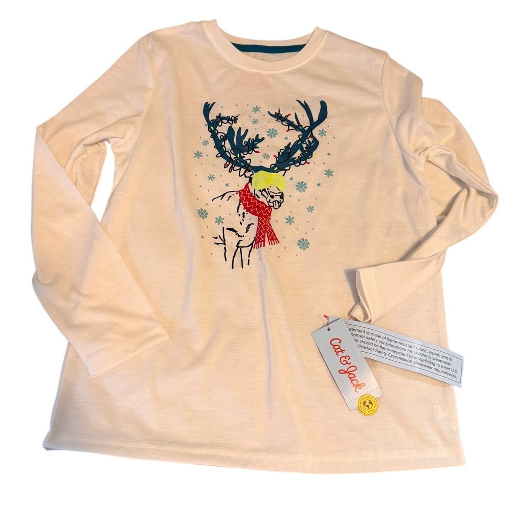 Cat & Jack Boys Christmas Reindeer Shirt Size 10/12 White Long Sleeve NWT
